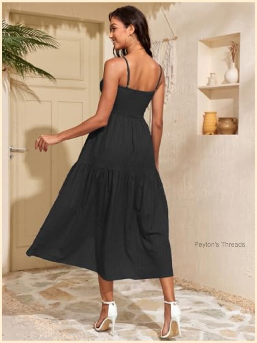 Adjustable Spaghetti Strap Smocked Maxi Dress Tiered Pleated Boho Sundress - Picture 2 of 7